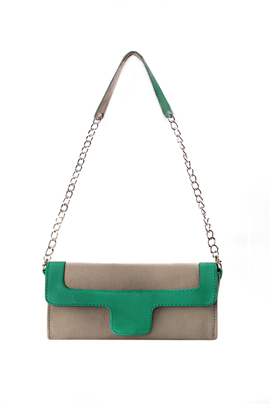 Women's taupe brown and emerald green luxurious elegant clutch for ceremonies, weddings and evenings out. - Top view
